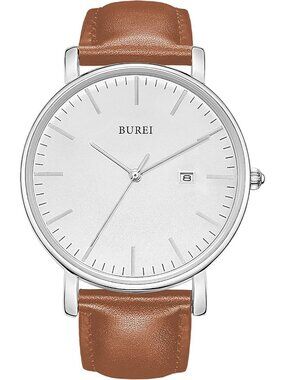 Mens Silver And Brown Band Strap Minimalist Analog Quartz Waterproof Wrist Watch